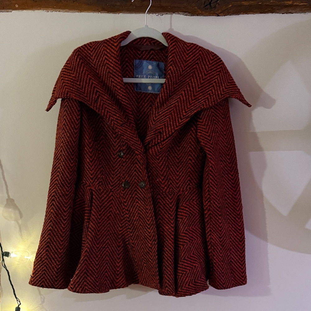 Free People Red Orange Herringbone Pea Coat